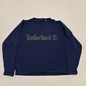 RARE VTG Timberland Performance Pullover Sweater Large‎ Navy Wool Spellout Logo
